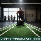Man using a push sled on a sports field with text 'Designed for Powerful Push Training'.