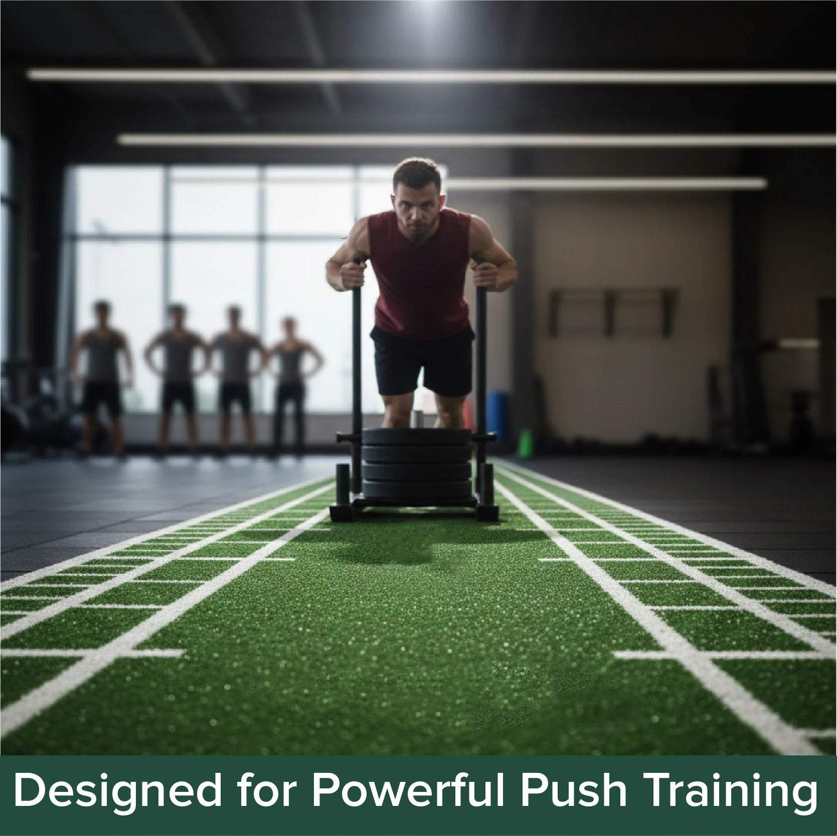 Man using a push sled on a sports field with text 'Designed for Powerful Push Training'.