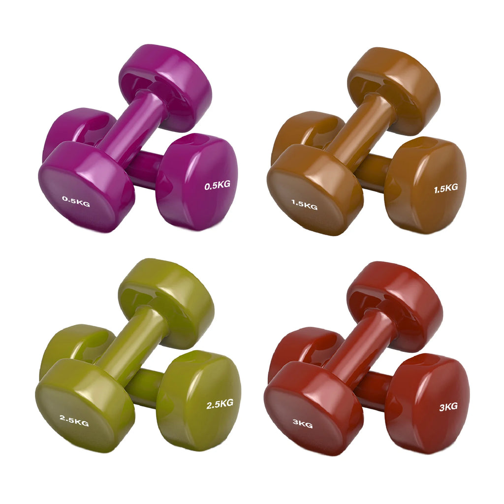 Set of colorful dumbbells with weight markings on a white background