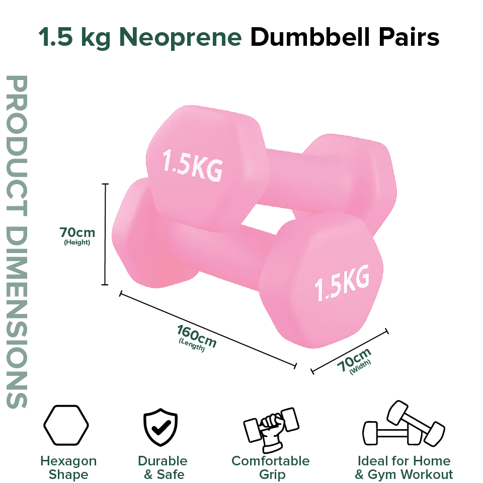 Pink neoprene dumbbells with weight label and product dimensions on a white background