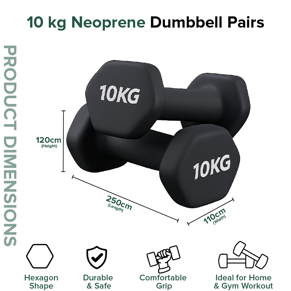10 kg neoprene dumbbells with dimensions and features on a white background