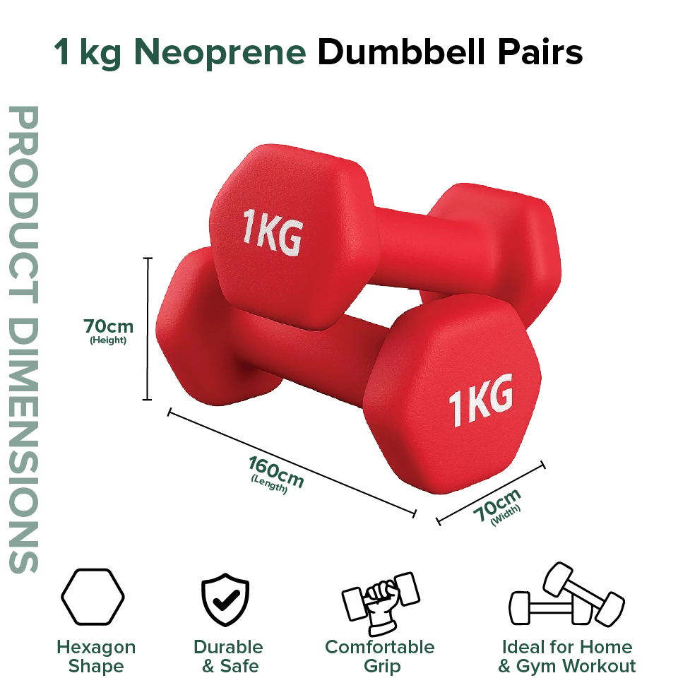 Red 1 kg neoprene dumbbells with product dimensions on a white background