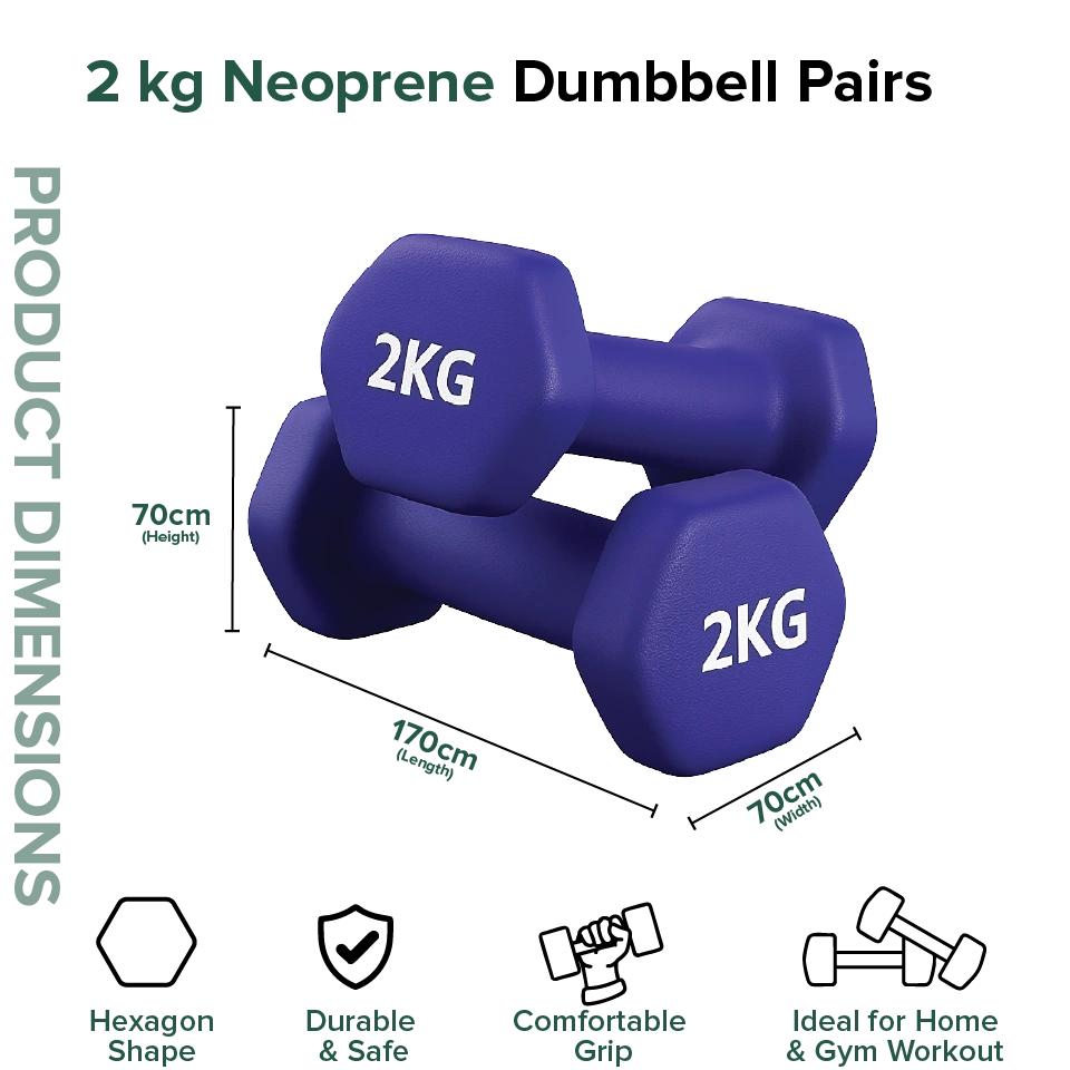 Two purple 2 kg neoprene dumbbells with product dimensions and features on a white background.