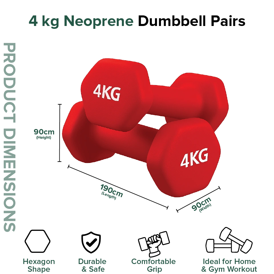 Red 4 kg neoprene dumbbells with dimensions and features on a white background