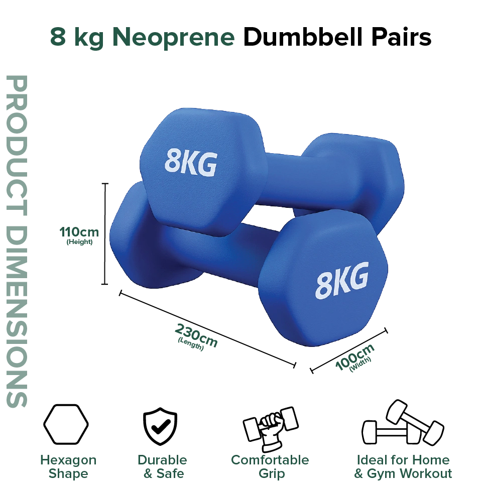 8 kg neoprene dumbbells with dimensions and features on a white background