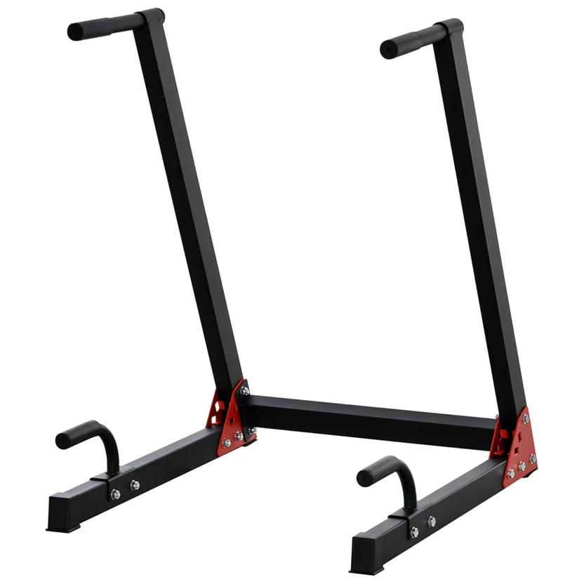 Black pull-up bar stand with red accents on a white background