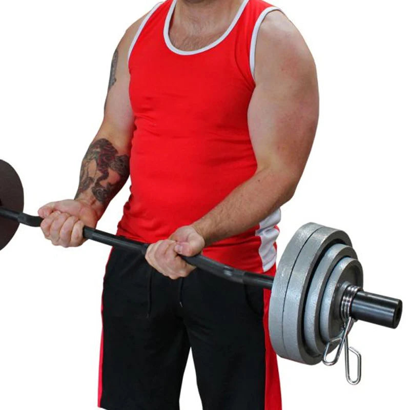 Person lifting a barbell with weights on a white background