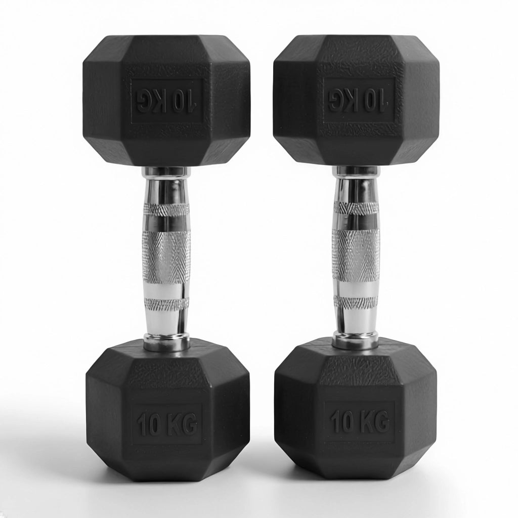 Pair of black rubber hex dumbbells, 10 kg each, on a white background