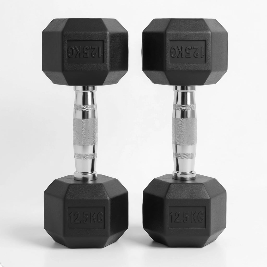 Rubber hex dumbbell pair 12.5kg chrome knurled handle