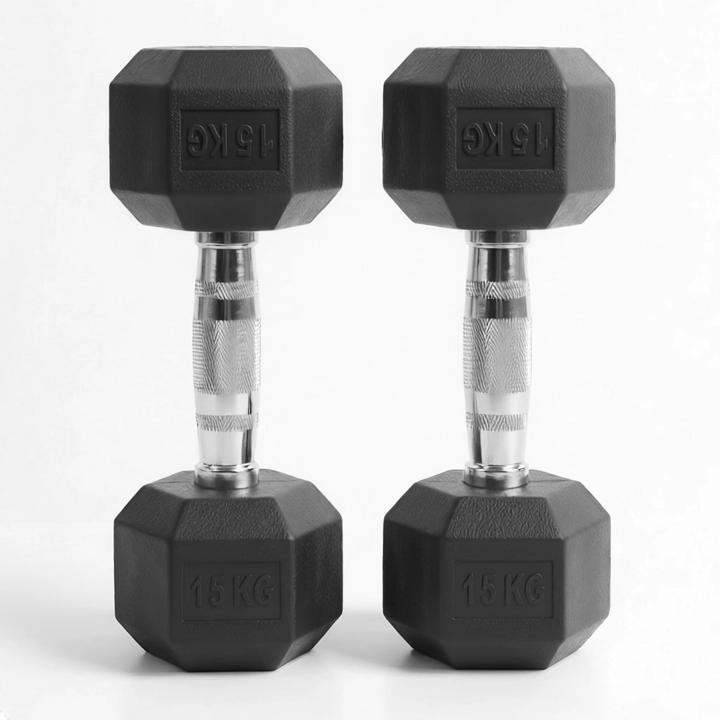 Rubber hex dumbbell pair 15kg chrome knurled handle