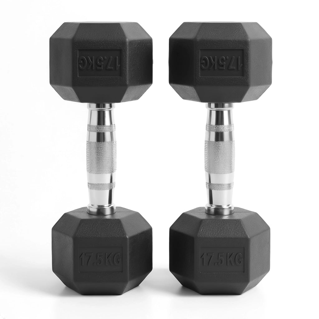Rubber hex dumbbell pair 17.5kg chrome knurled handle
