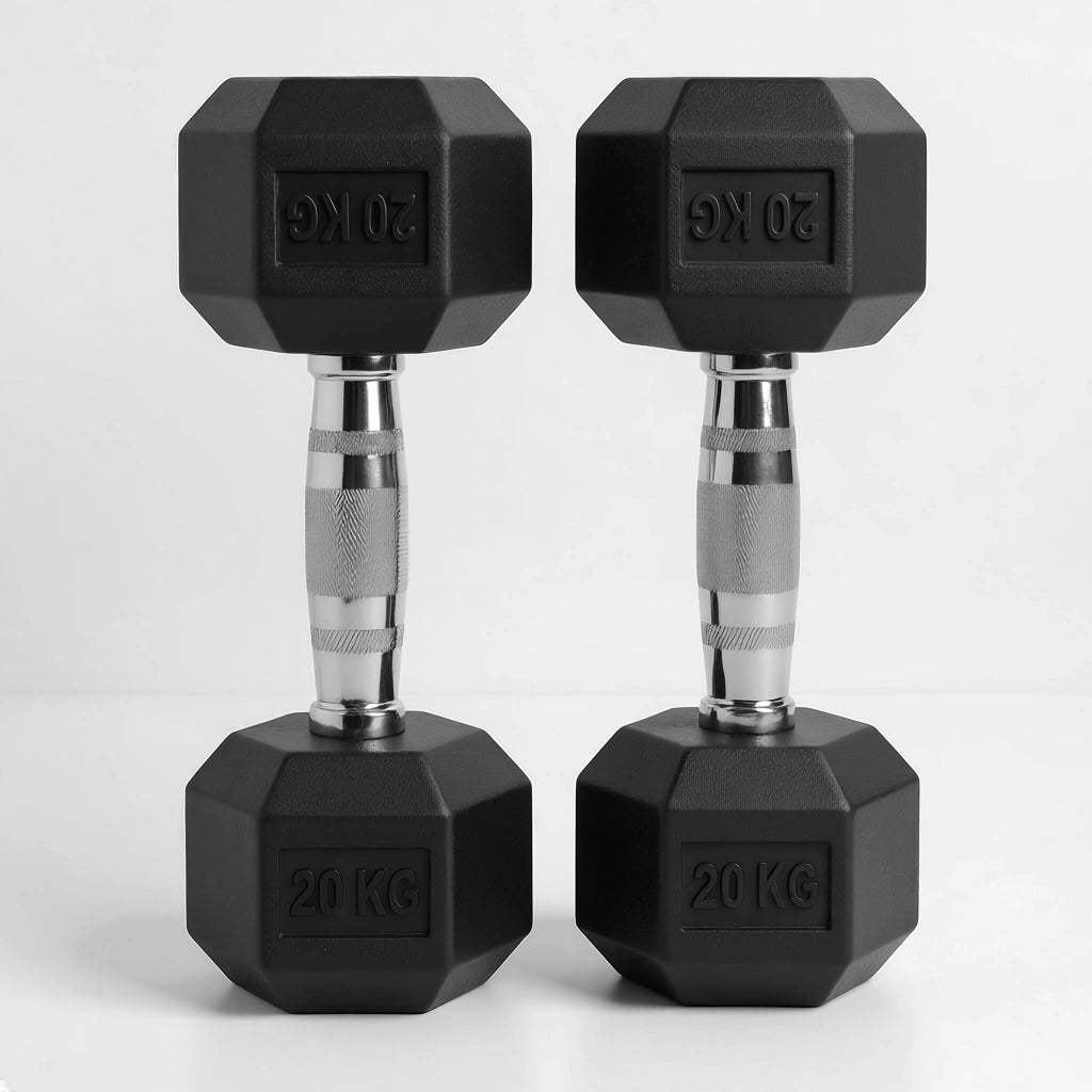Pair of black rubber hex dumbbells, 20 kg each, on a white background