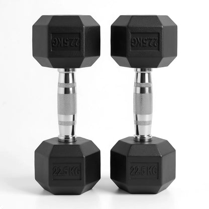 Pair of black rubber hex dumbbells, 22.5 kg each, on a white background