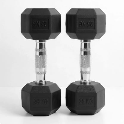 Pair of black rubber hex dumbbells, 25 kg each, on a white background