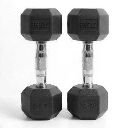 Pair of black rubber hex dumbbells, 27.5 kg each, on a white background