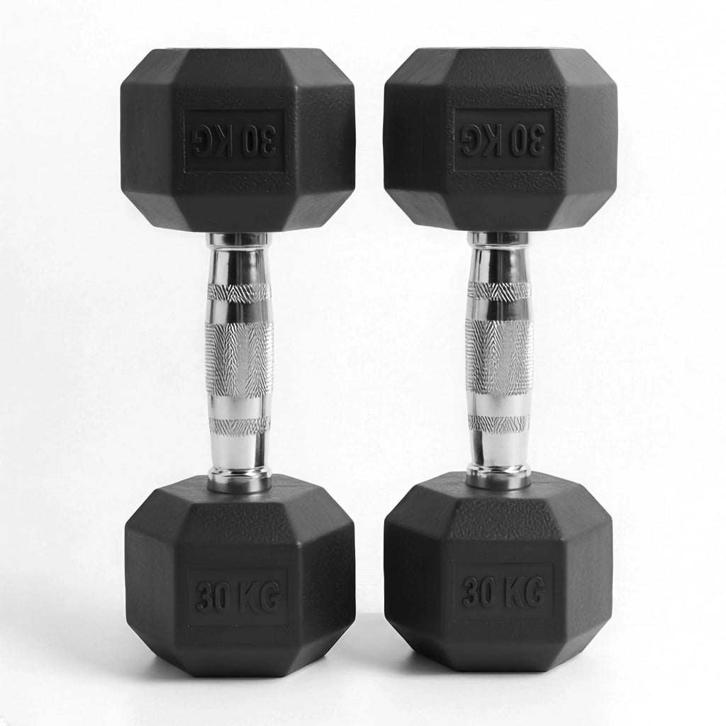 Pair of black rubber hex dumbbells, 30 kg each, on a white background