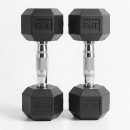 Pair of black rubber hex dumbbells, 35 kg each, on a white background