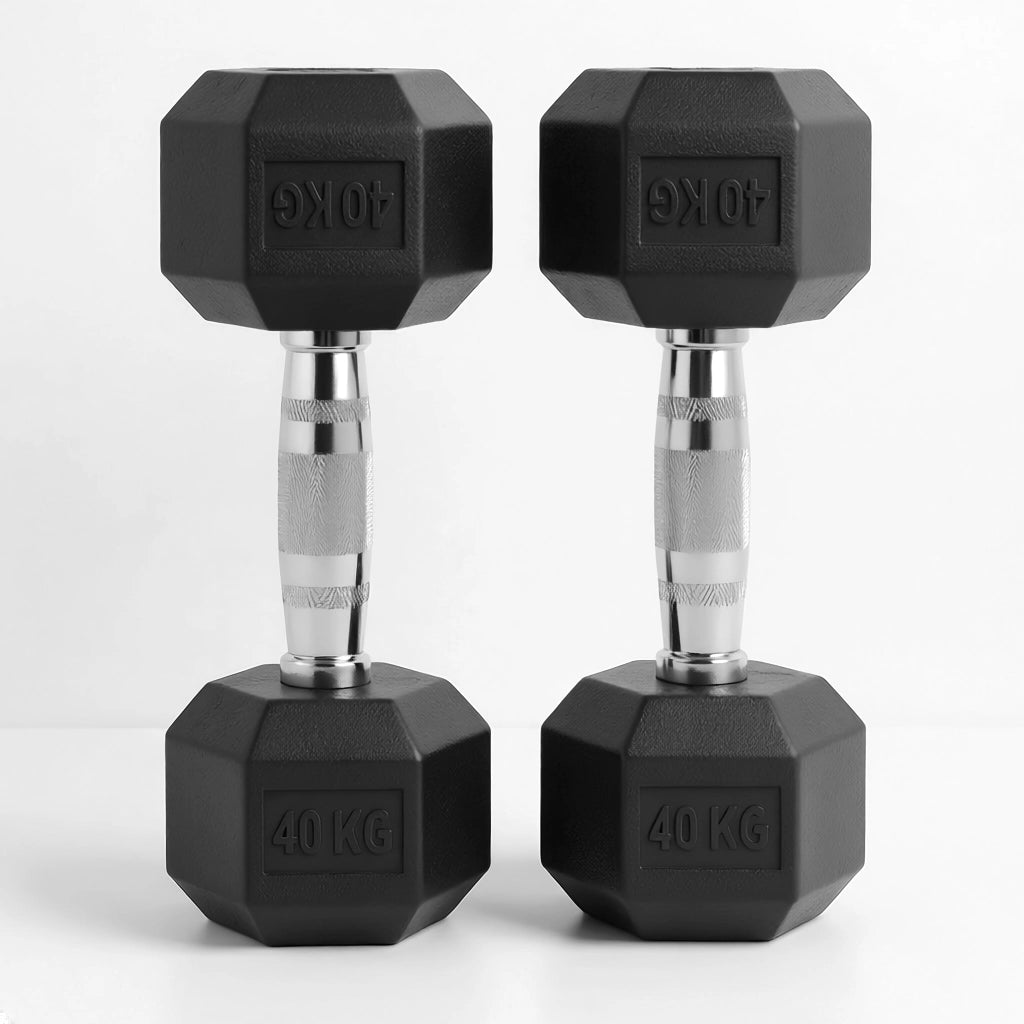 Pair of black rubber hex dumbbells, 40 kg each, on a white background