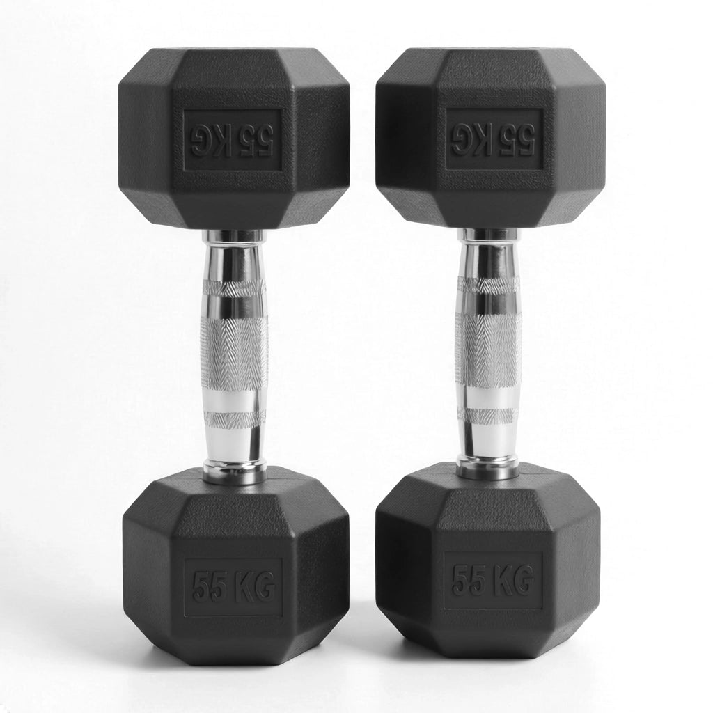 Pair of black rubber hex dumbbells, 55 kg each, on a white background