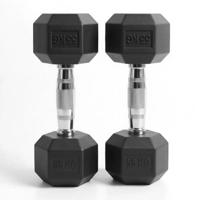 Pair of black rubber hex dumbbells, 55 kg each, on a white background