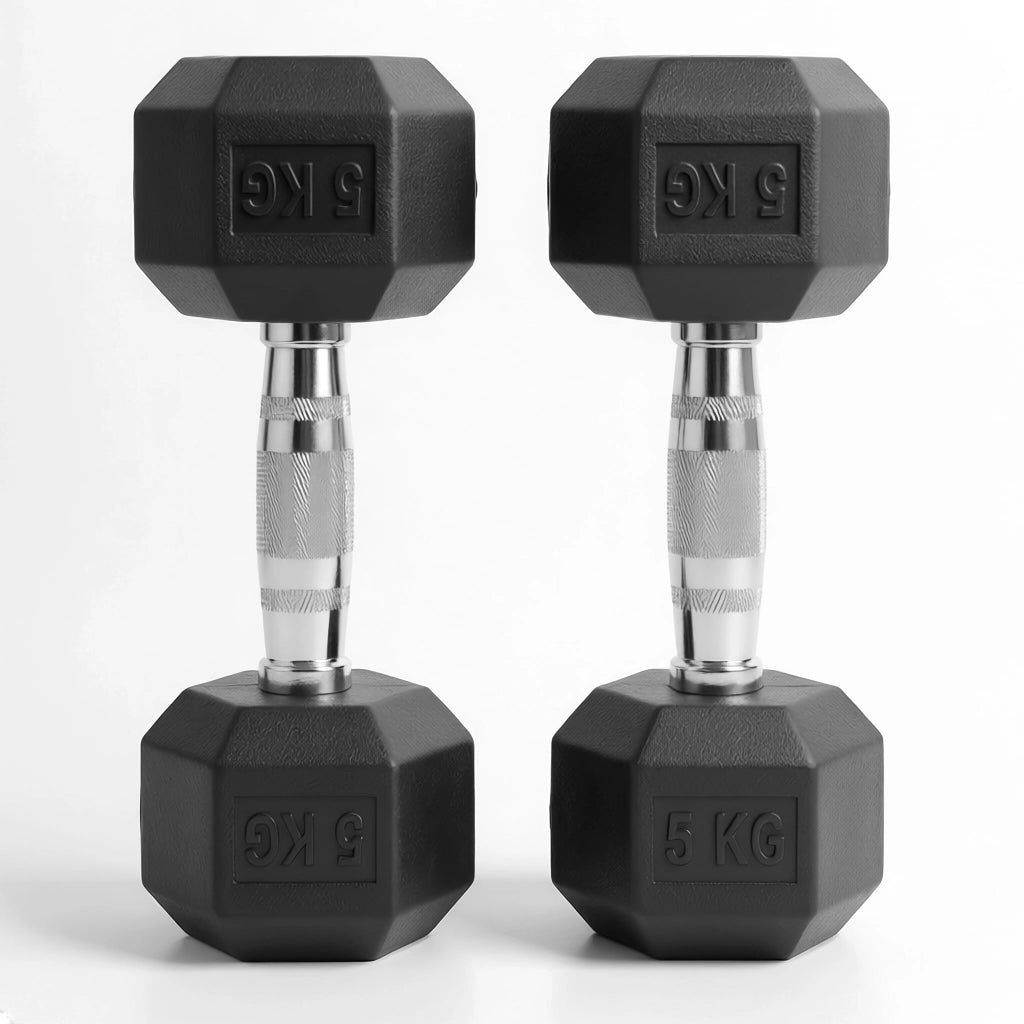 Pair of black rubber hex dumbbells, 5 kg each, on a white background