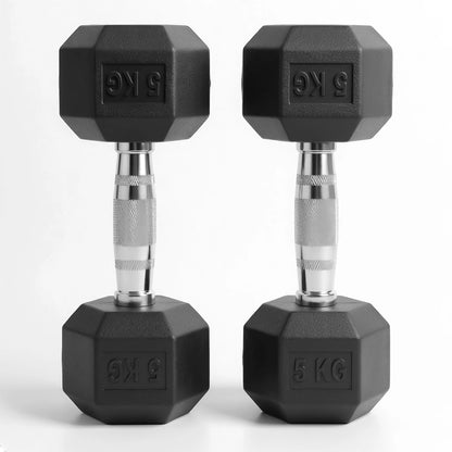 Pair of black rubber hex dumbbells, 5 kg each, on a white background