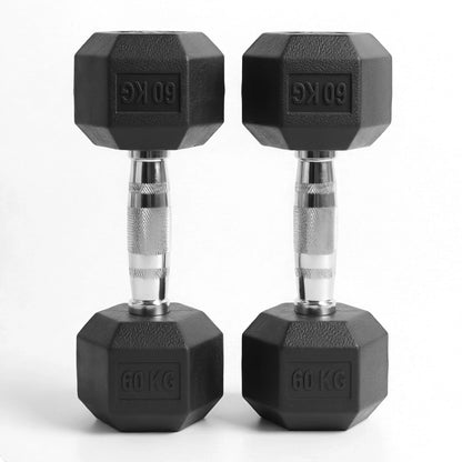 Pair of black rubber hex dumbbells, 60 kg each, on a white background