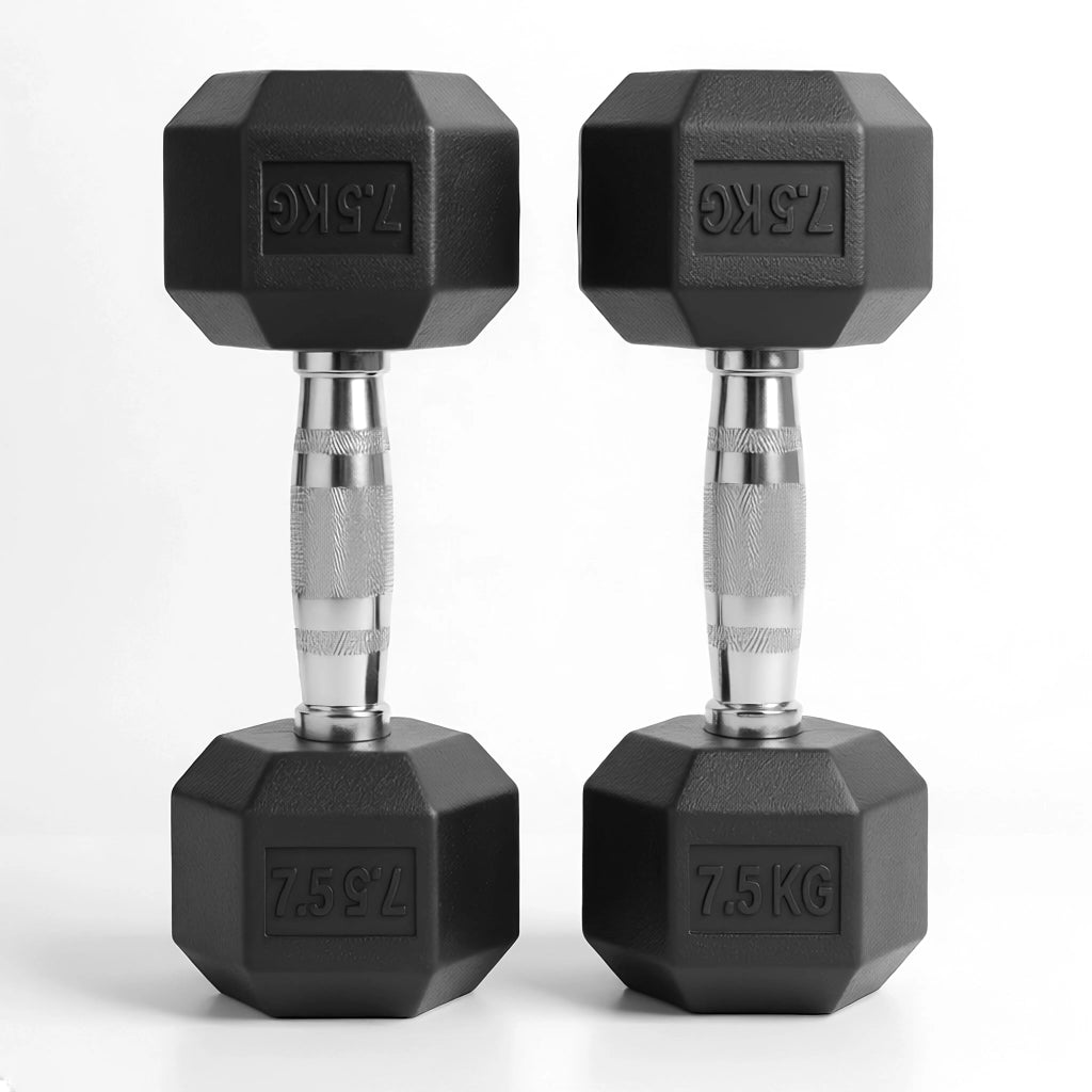 Rubber hex dumbbell pair 7.5kg chrome knurled handle