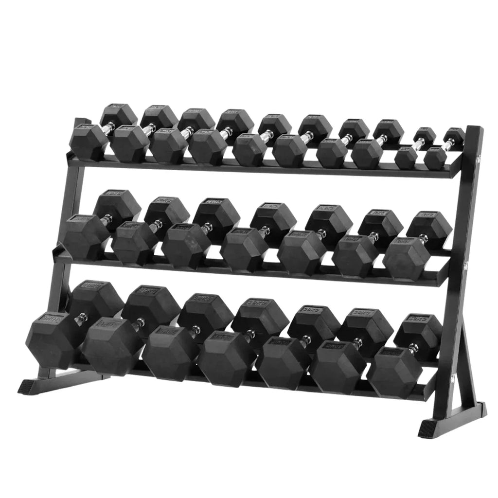 3 tier dumbbell storage rack holds 10 to 11 pairs of hex dumbbells
