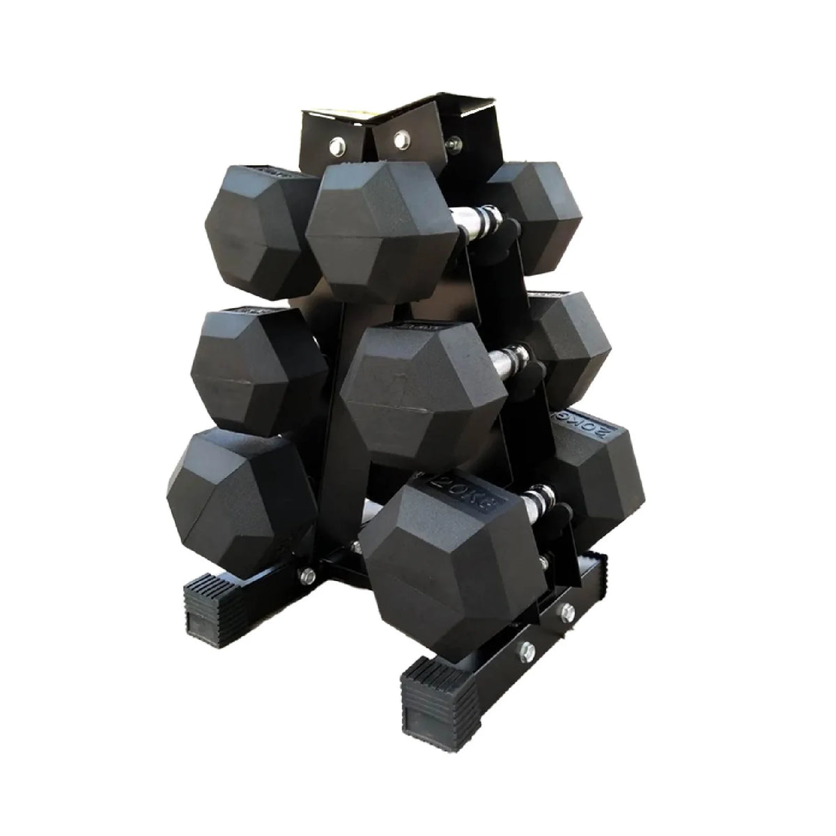 3 tier hex dumbbell tree rack, holds 3 pairs of rubber hex dumbbells