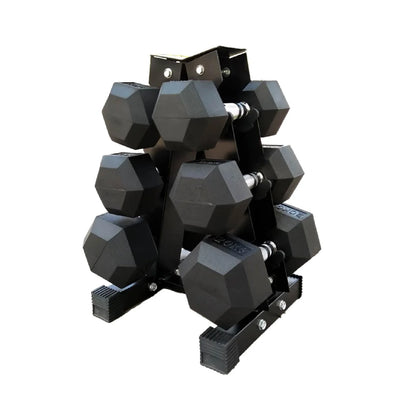 3 tier hex dumbbell tree rack, holds 3 pairs of rubber hex dumbbells