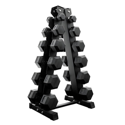 6 tier hex dumbbell tree rack holds 6 pairs of hex dumbbells