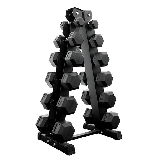 6 tier hex dumbbell tree rack holds 6 pairs of hex dumbbells