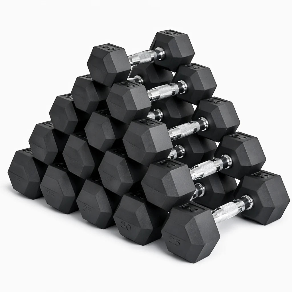 12-pair hex dumbbell set, 2.5 kg to 30 kg, rubber hex dumbbells without a rack