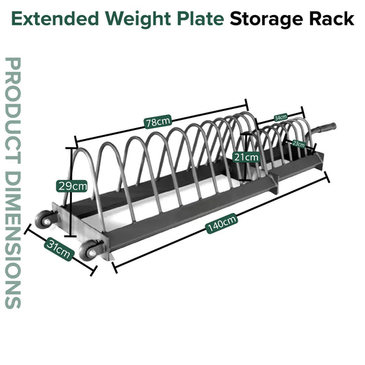 Extended Weight Plate Storage Rack with dimensions on a white background