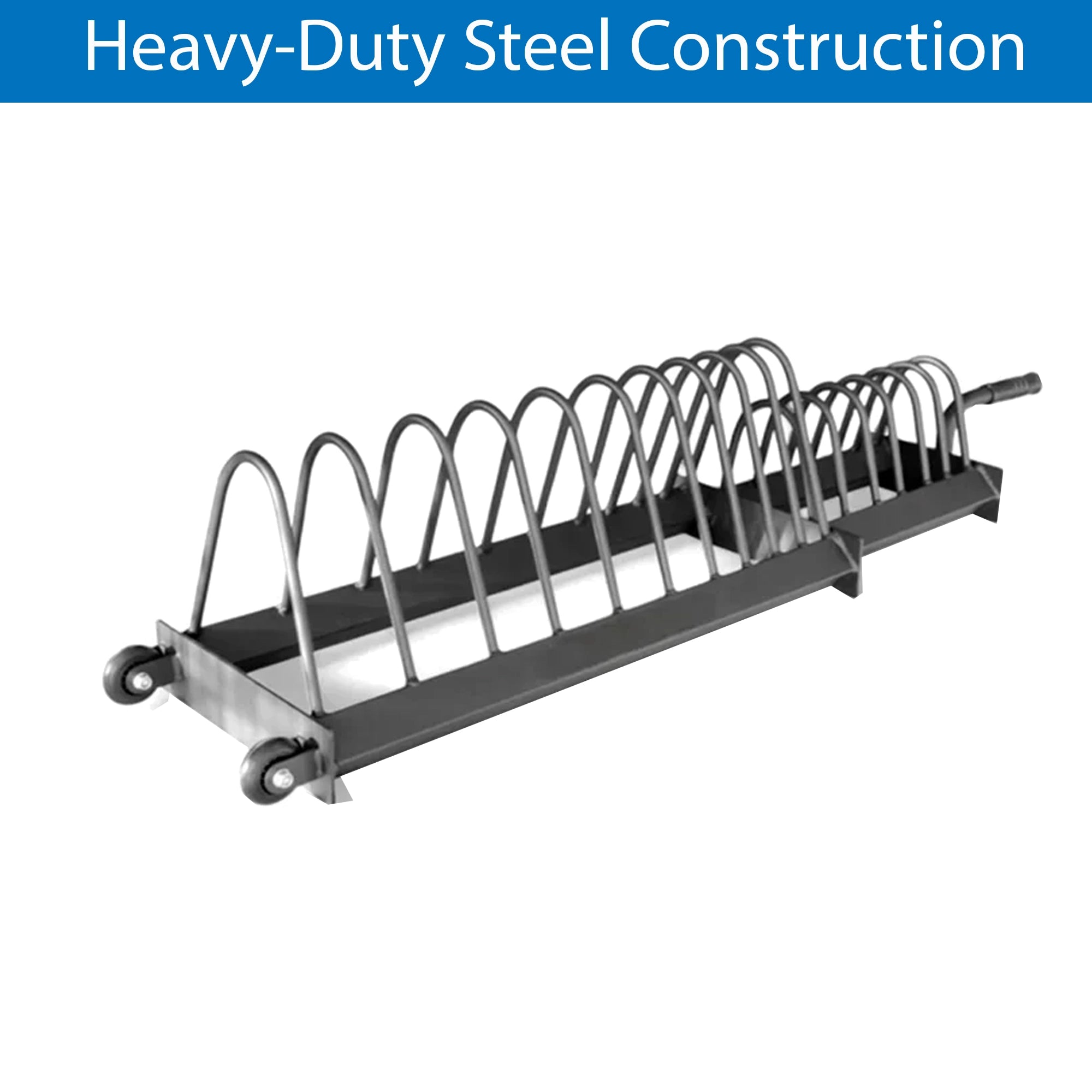 Heavy-duty metal rack with wheels on a white background, labeled 'Heavy-Duty Steel Construction'.