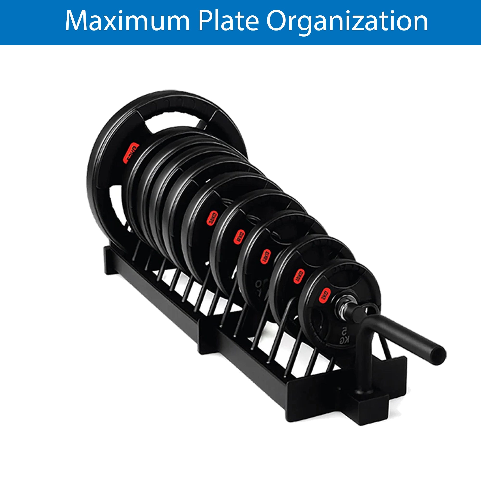 Black weight plate rack with multiple plates on a white background
