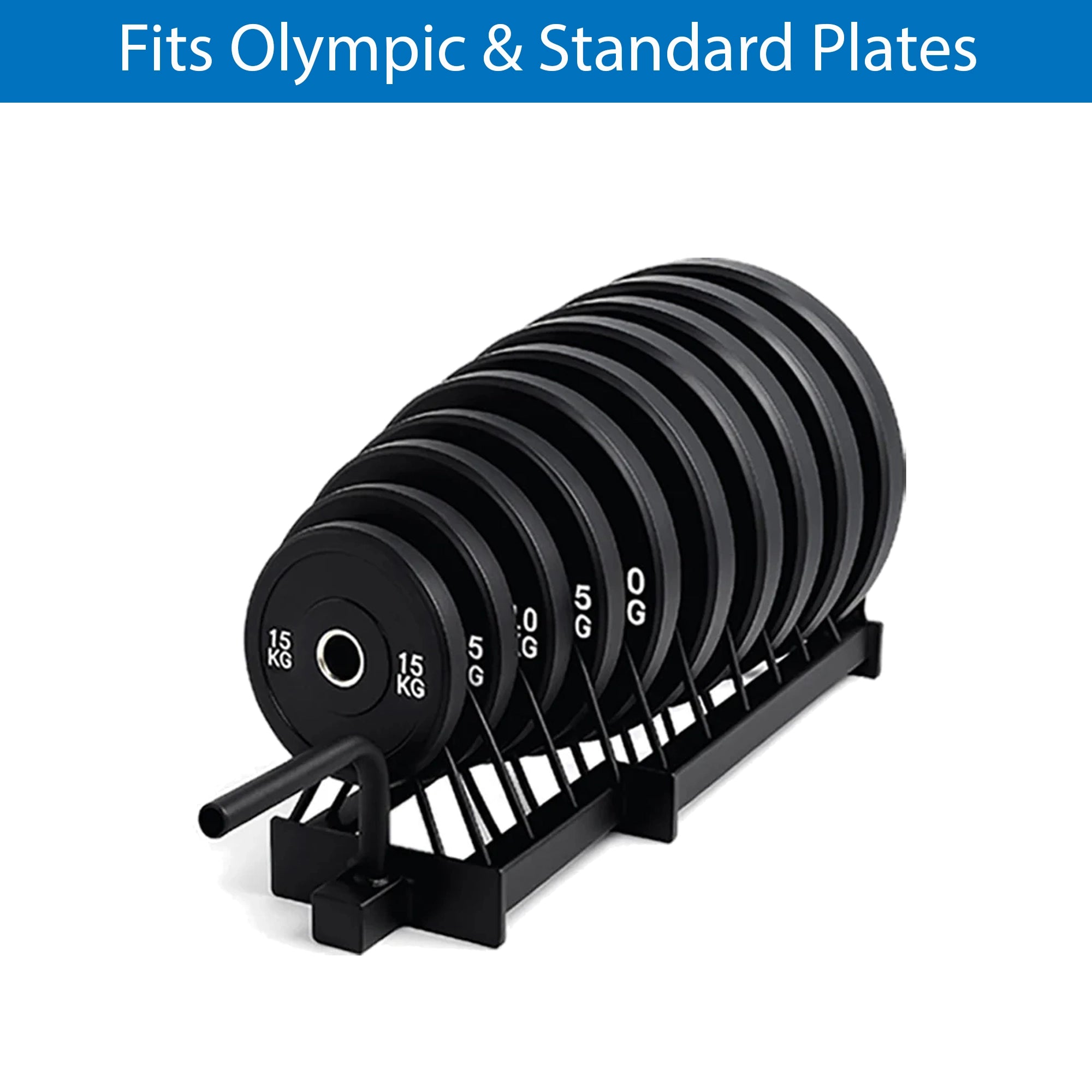 Set of weight plates with a holder on a white background, labeled 'Fits Olympic & Standard Plates'.