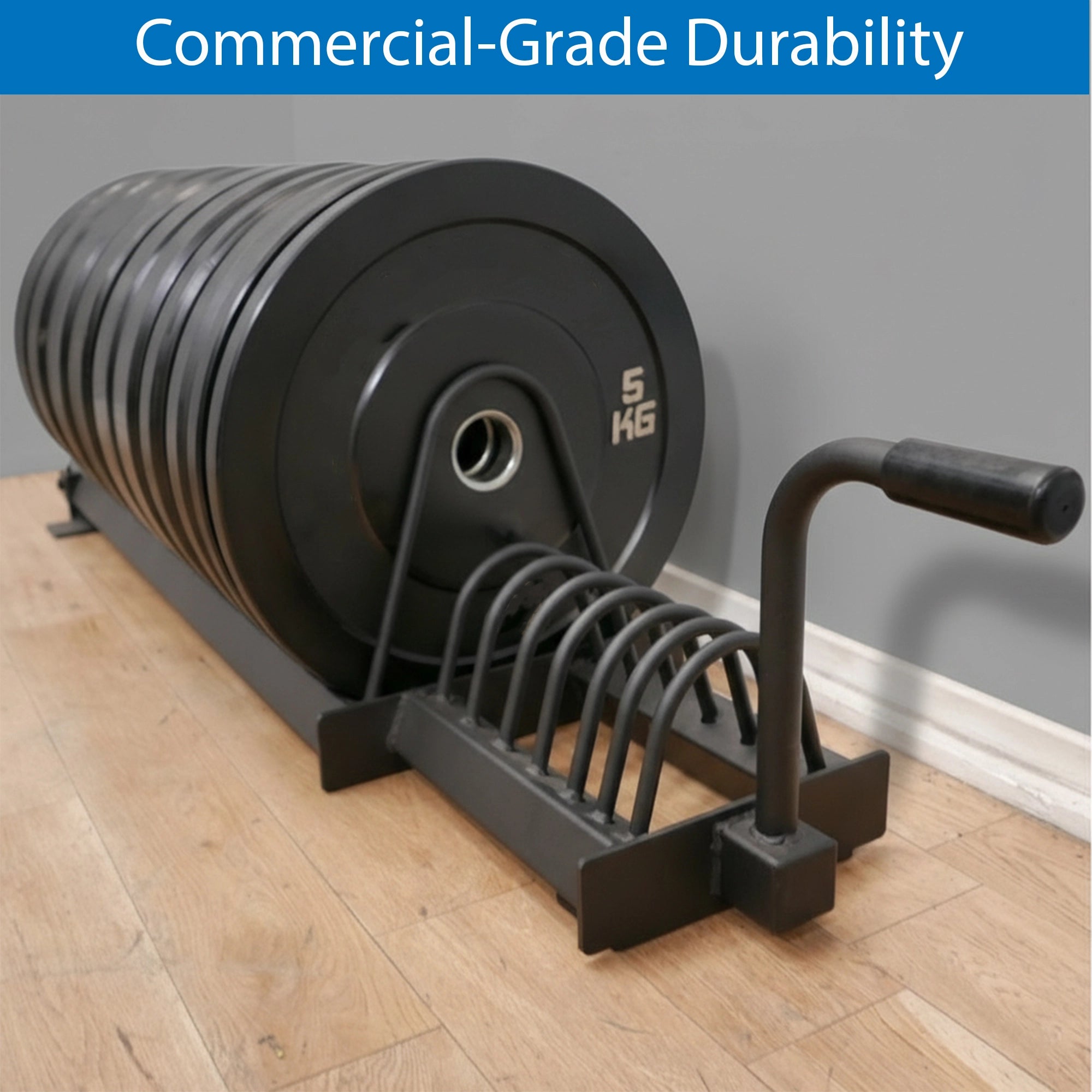 Black weight plate rack with weight plates on a wooden floor against a gray wall.