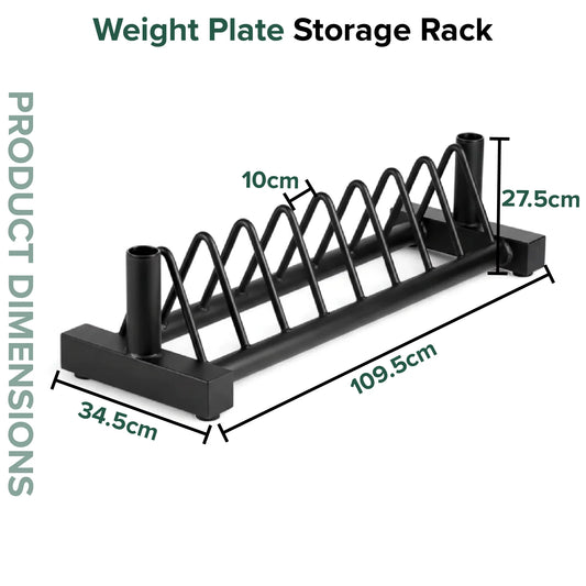 Black weight plate storage rack with dimensions labeled on a white background