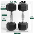 Pair of black hexagonal dumbbells with measurement details on a white background