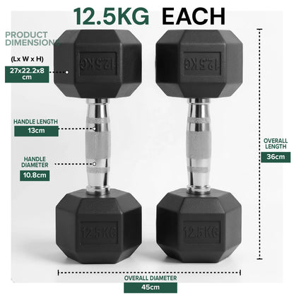 Hex dumbbell 12.5 kg: dimensions and specifications, pair on a white background