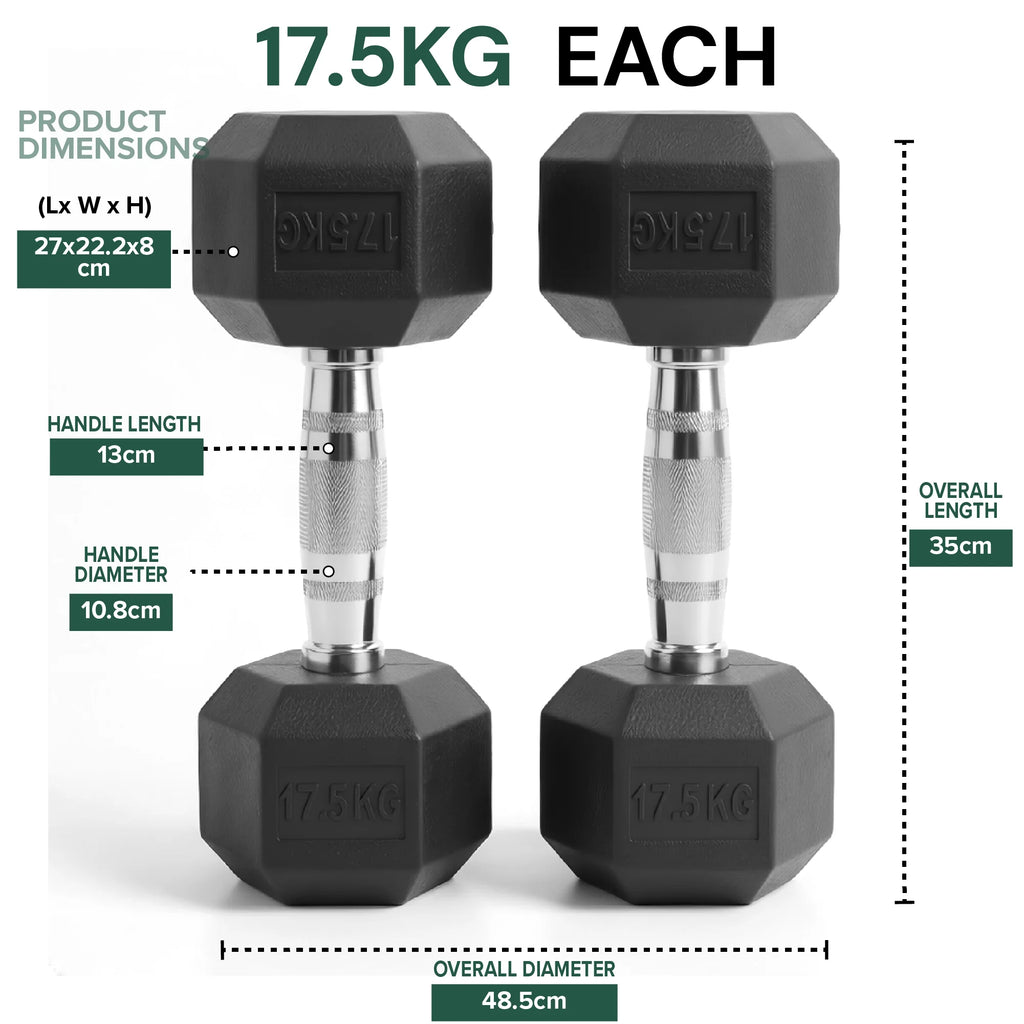 Two black dumbbells with measurement details on a white background