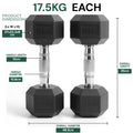 Two black dumbbells with measurement details on a white background