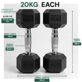 Pair of black hexagonal dumbbells with measurement details on a white background