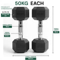 Two black dumbbells labeled '50KG' with dimensions and specifications on a white background.