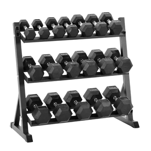 Complete Hex Dumbbell Set with 3-Tier Rack – Rubber Coated Weights (2.5kg–30kg) – Commercial Grade Home Gym Equipment