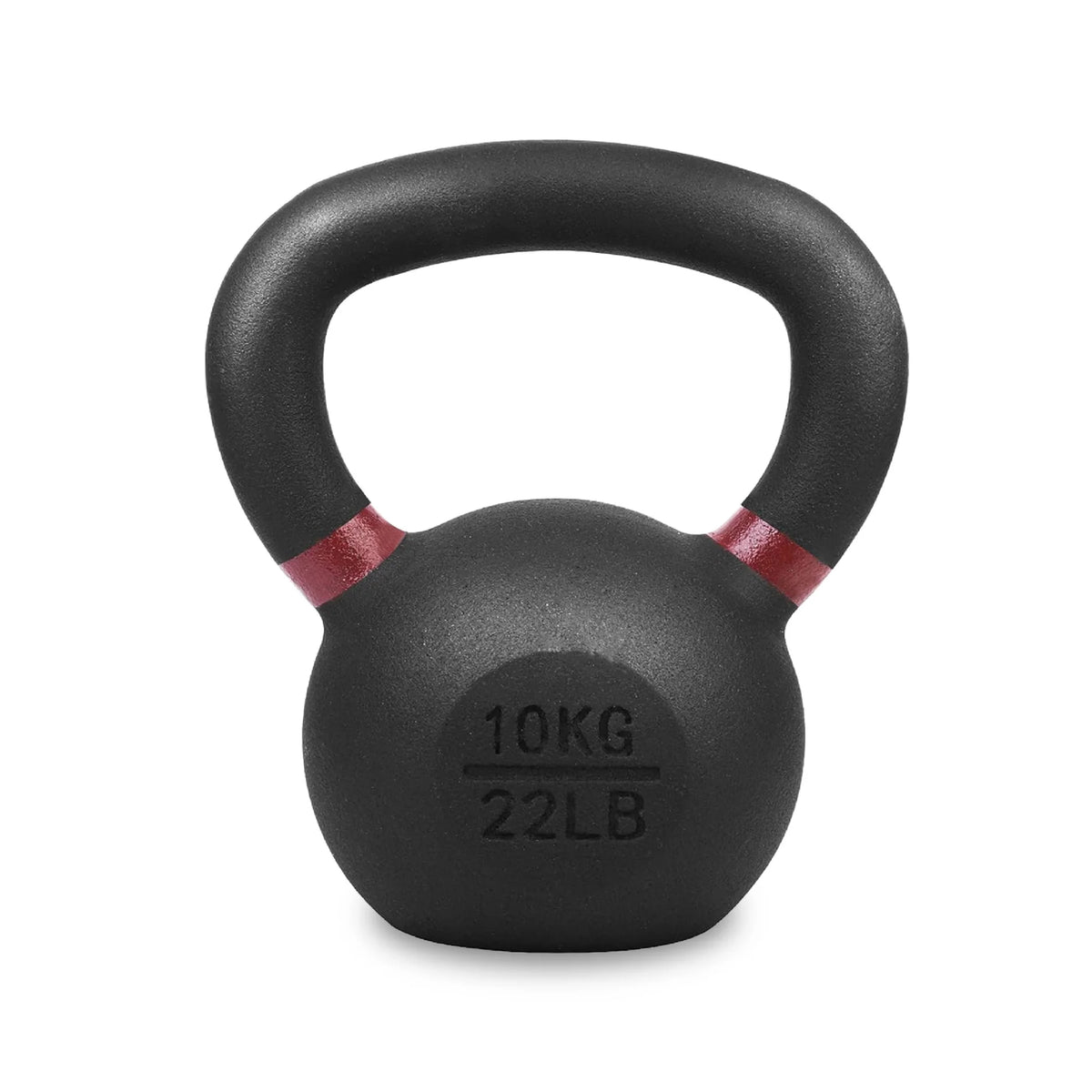 Black kettlebell with red accents and weight marking on a white background