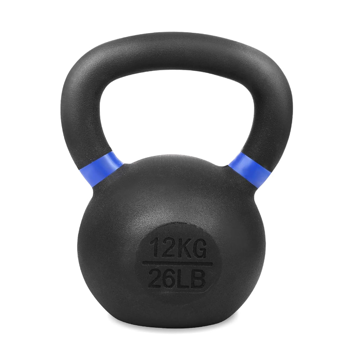 Black kettlebell with blue accents and weight marking on a white background