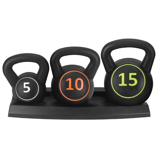 3-Piece Kettlebell Weight Set – 5lb, 10lb, 15lb with Compact Storage Stand, Durable Kettle Bells for Strength Training & Cardio Workouts at Home Gym